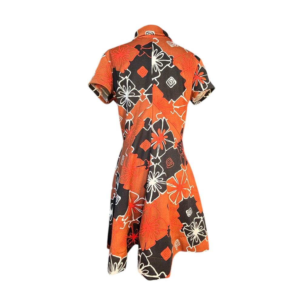Sears Fashions Mod Floral Mini Dress Orange Black 60s 70s A Line Short Sleeve - Picture 5 of 11